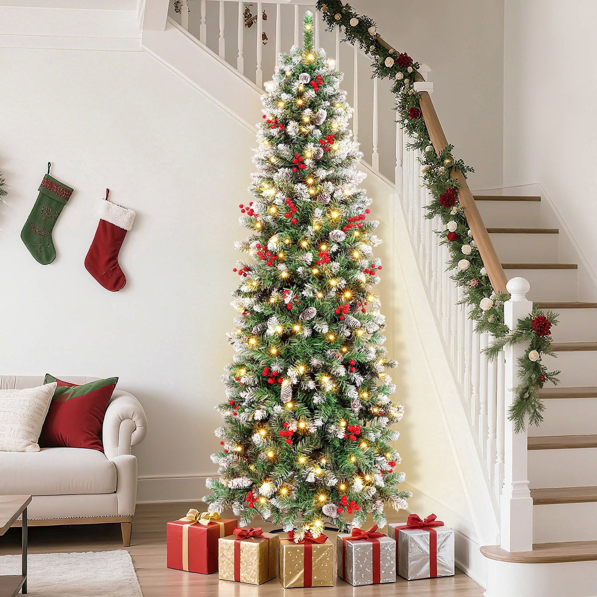 Aufeile 6ft Pencil Christmas Tree, Slim Pre-Lit Xmas Tree, 200 LED Lights, 600 Hinged Tips, Pine Cones, Berries, Metal Stand