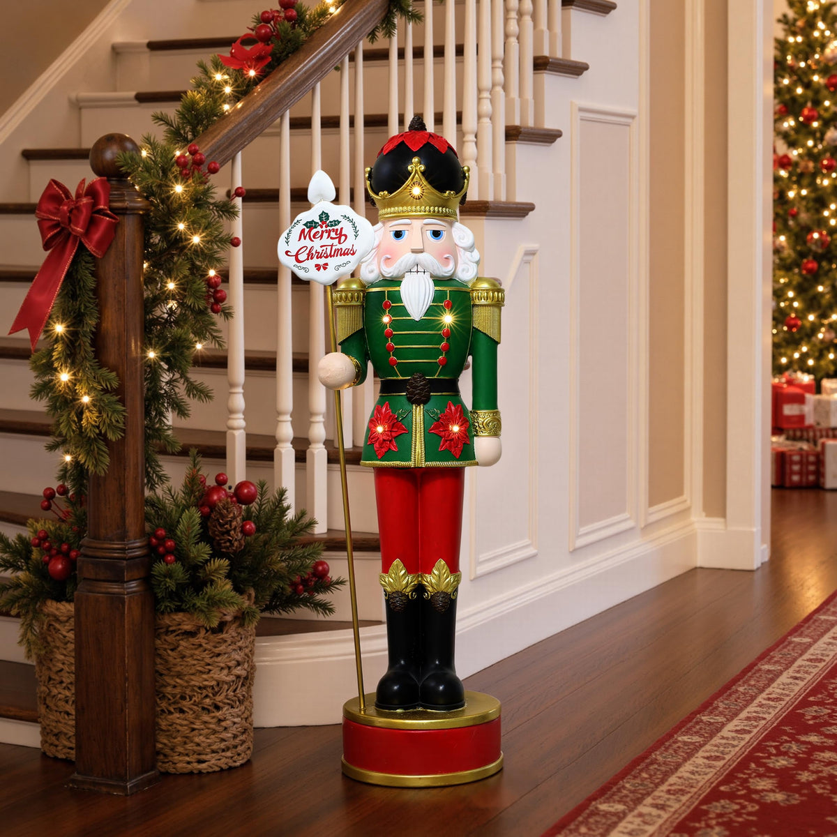 Langford Home 3.7 Ft Battery Operated Prelit Poinsettia-Theme Christmas Nutcracker with Merry Christmas Sign