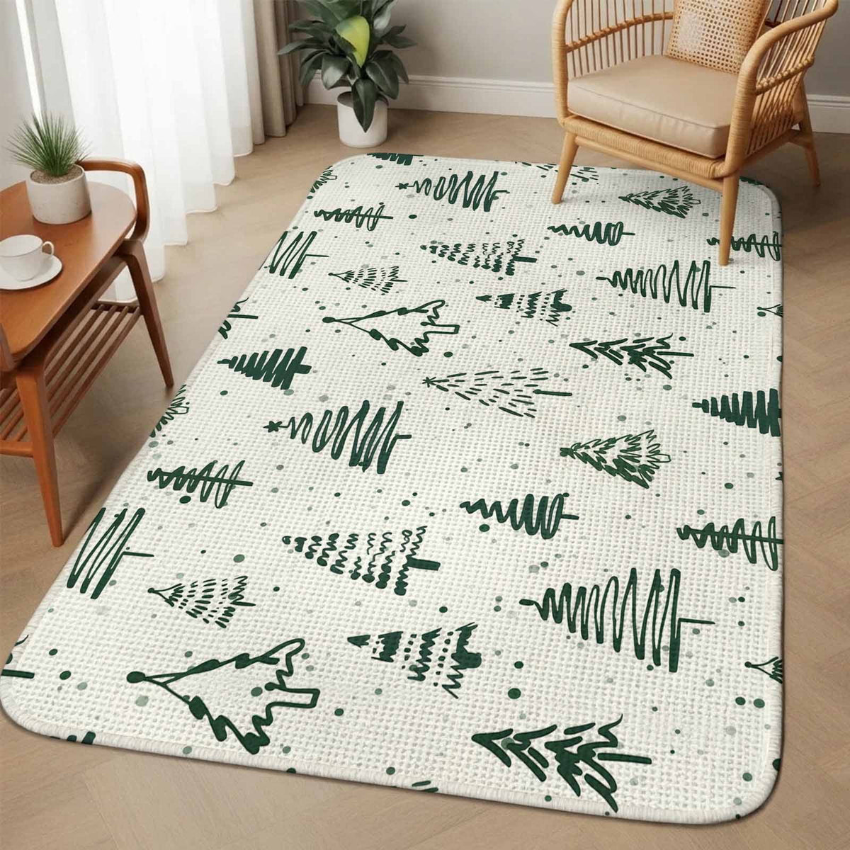 Large Area Rug 63"x78.7",Christmas Tree Absorbent Non Slip Indoor Outdoor Carpet,Xmas Green Cartoon Tree Snowflakes Farmhouse Low Profile Floor Rug Doormat for Living Room Dining Room Bedroom Office