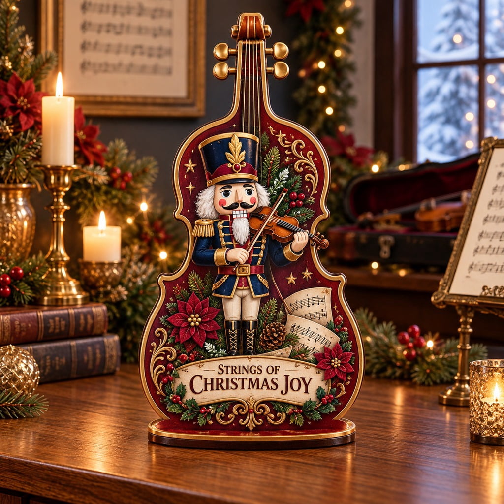 Layered Christmas Violin Nutcracker Tabletop Display for Musicians