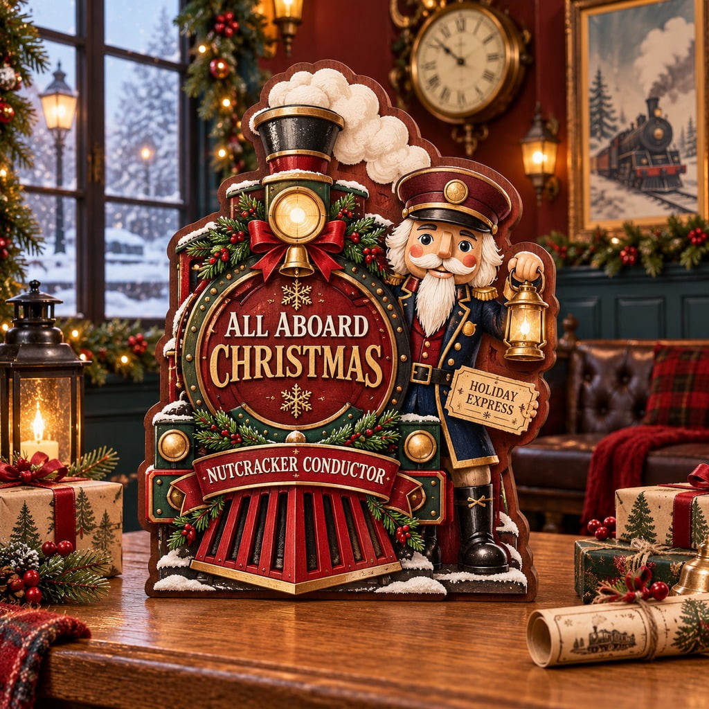 Layered Wooden Tabletop Display Nutcracker Train Conductor Christmas