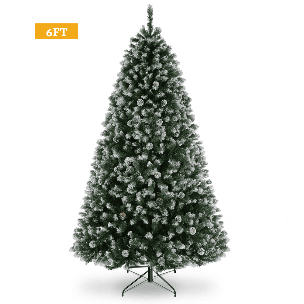 Legooin 6FT Pre-lit Christmas Tree Flocked Artificial Xmas Tree with 800 Branch Tips, 300 LED Lights, 51 Pinecones, for Christmas Holiday Decor, Green