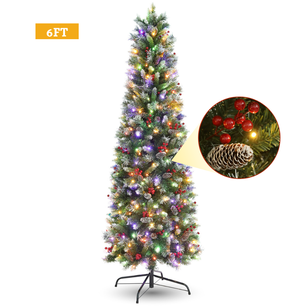 Legooin 6FT Pre-lit Christmas Tree Flocked Artificial Xmas Tree with 800 Branch Tips, 300 LED Lights, 51 Pinecones, for Christmas Holiday Decor, Green