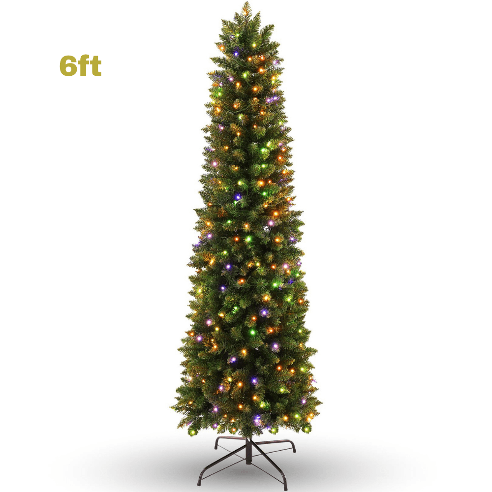 Legooin 6ft Pre-lit Slim Christmas Tree Skinny Hinged Artificial Xmas Tree with 250 Color-Changing Lights+957 Branch Tips