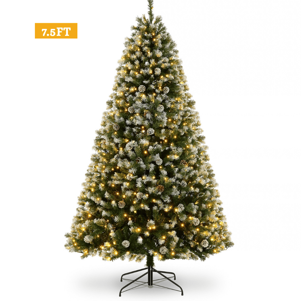 Legooin 6FT Pre-lit Christmas Tree Flocked Artificial Xmas Tree with 800 Branch Tips, 300 LED Lights, 51 Pinecones, for Christmas Holiday Decor, Green