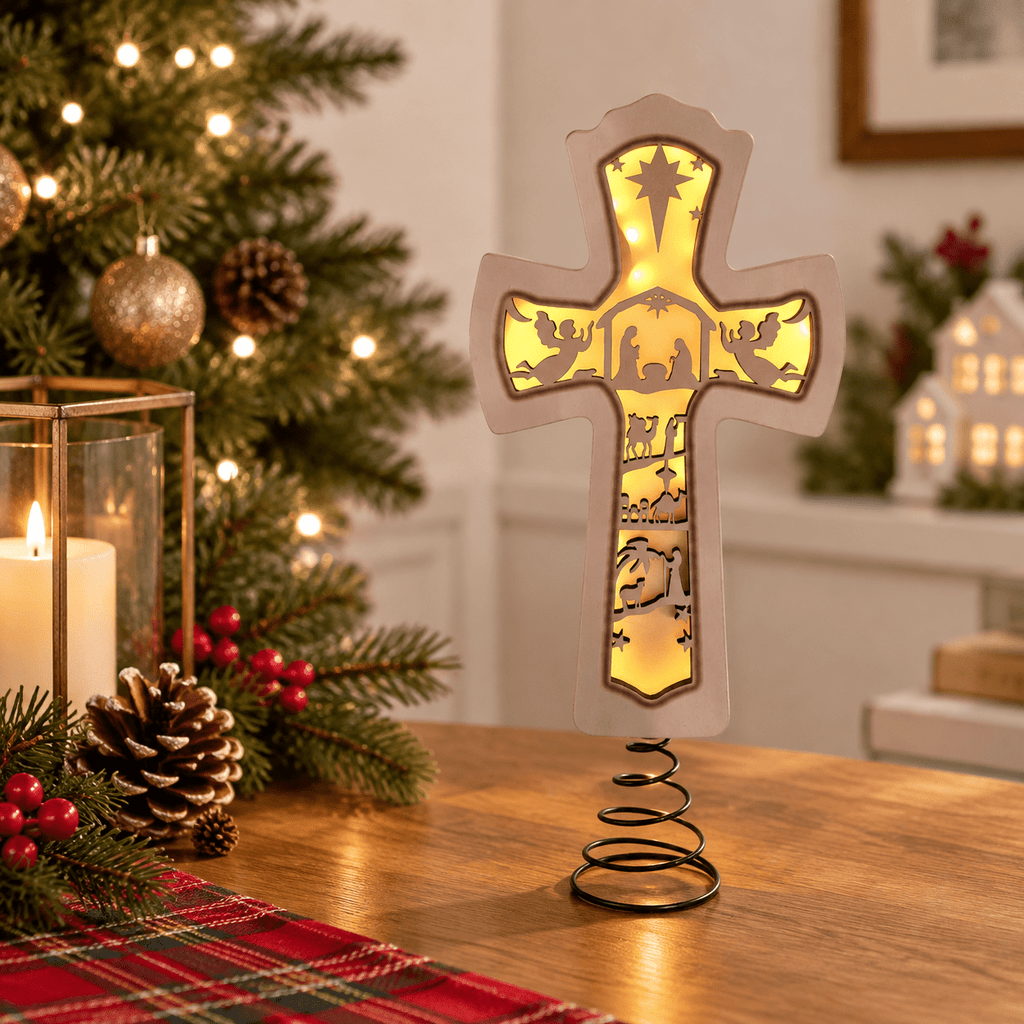 Lighted Christmas Tree Topper Wooden Nativity Cross Scene with Hollow Silhouette Glow for Holiday Decor