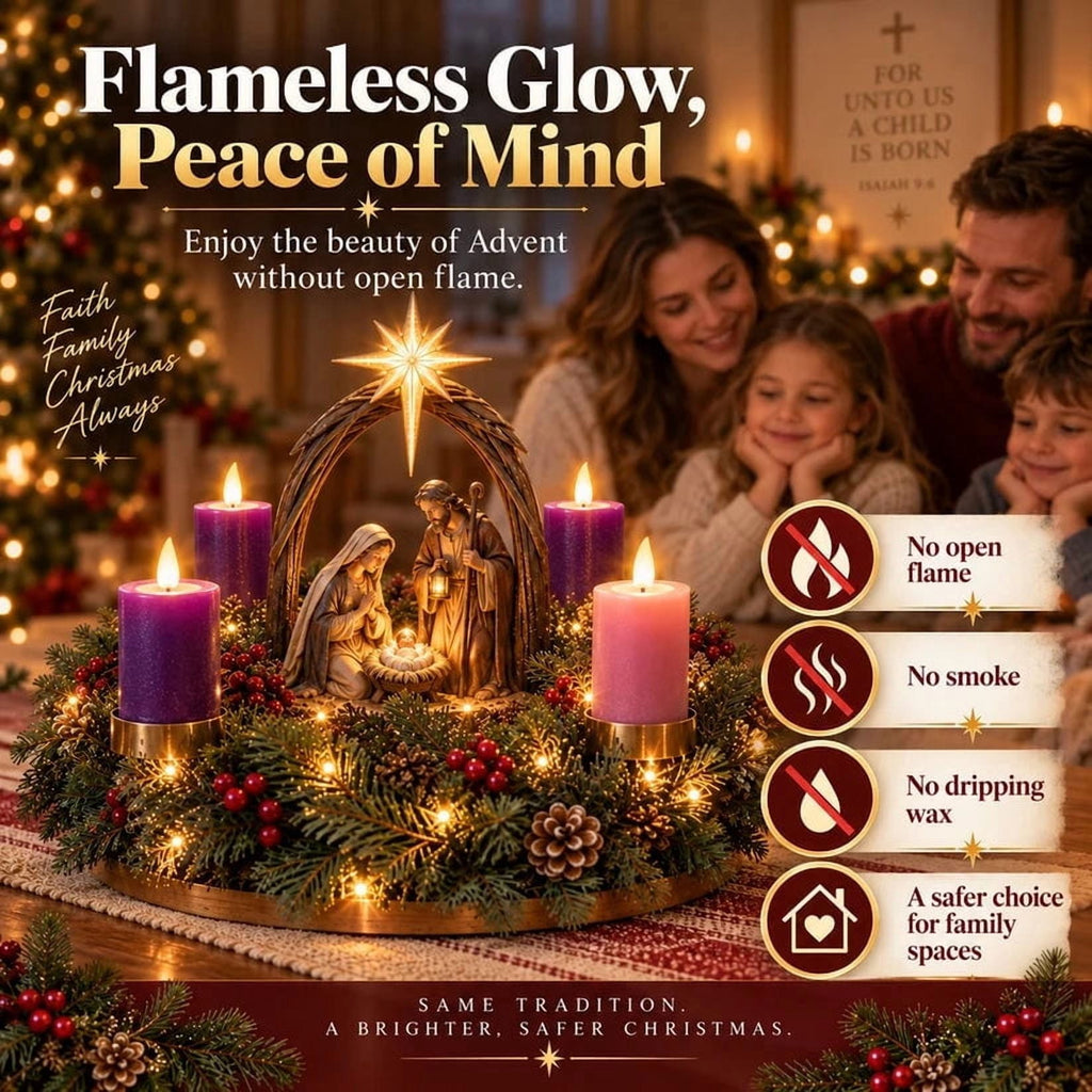Lighted Nativity Advent Wreath,Sacred Christmas Centerpiece with Four-Week Lighted Journey,Festive Holiday Decor for Faith-Filled Homes