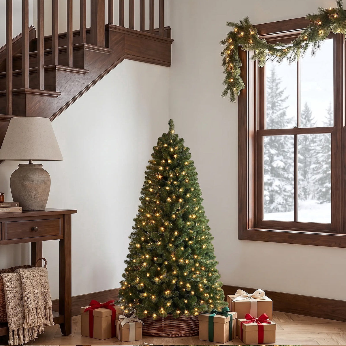 Lolsea 6.5ft Prelit Artificial Classic Christmas Tree with Warm White Lights for Living Room Office Party Decoration