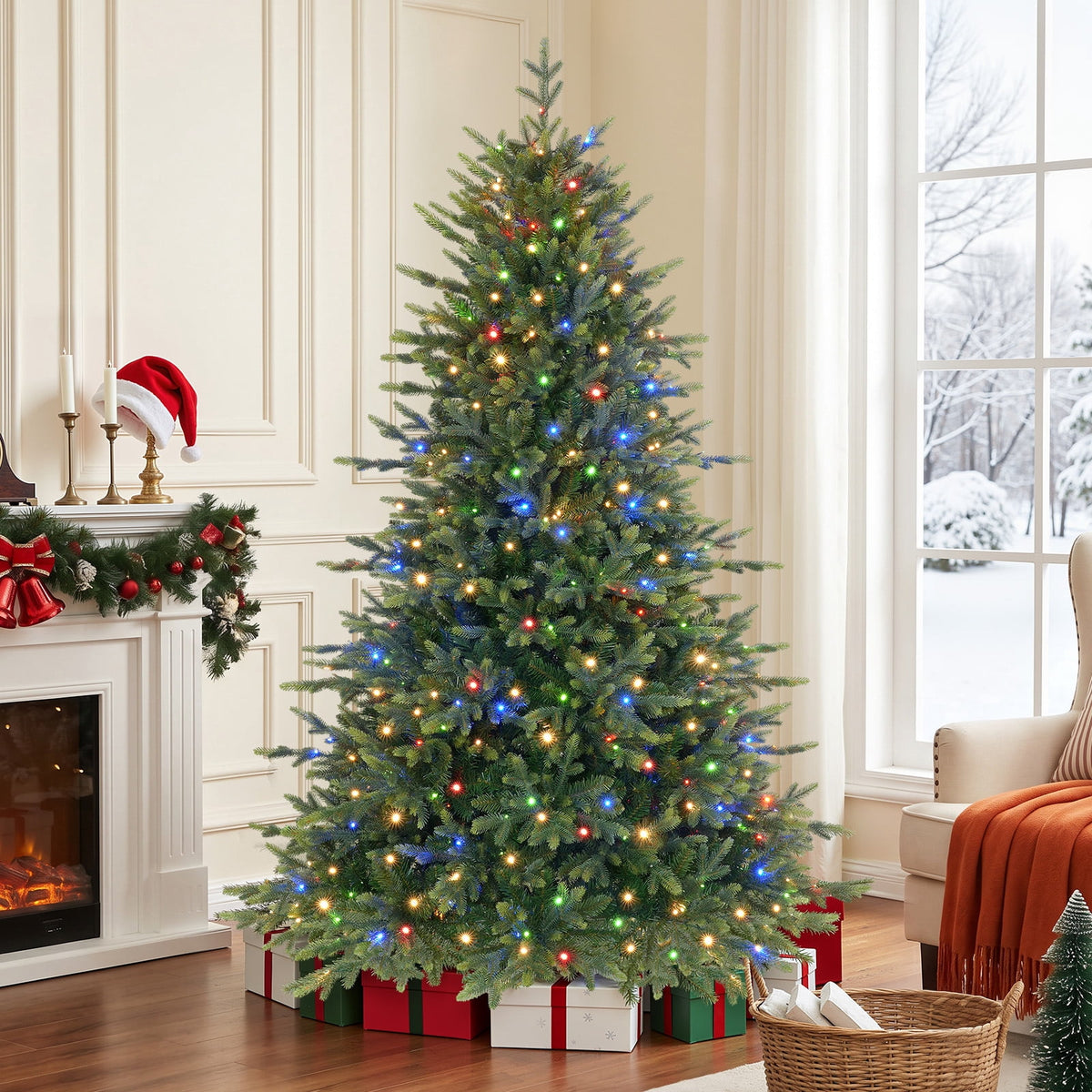 Lolsea 7ft Prelit PE Noble Fir Artificial Christmas Tree with Remote Control, Timer and Warm White & Multi-Color Lights