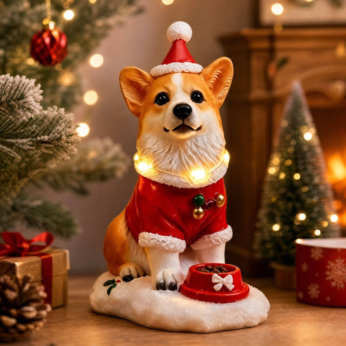 Luckky Lighted Christmas Dog Resin Statue, Santa Hat and Scarf Dog Figurine, 7.87 Inch, Multi-Color LED Lights, Indoor Outdoor Holiday Decor