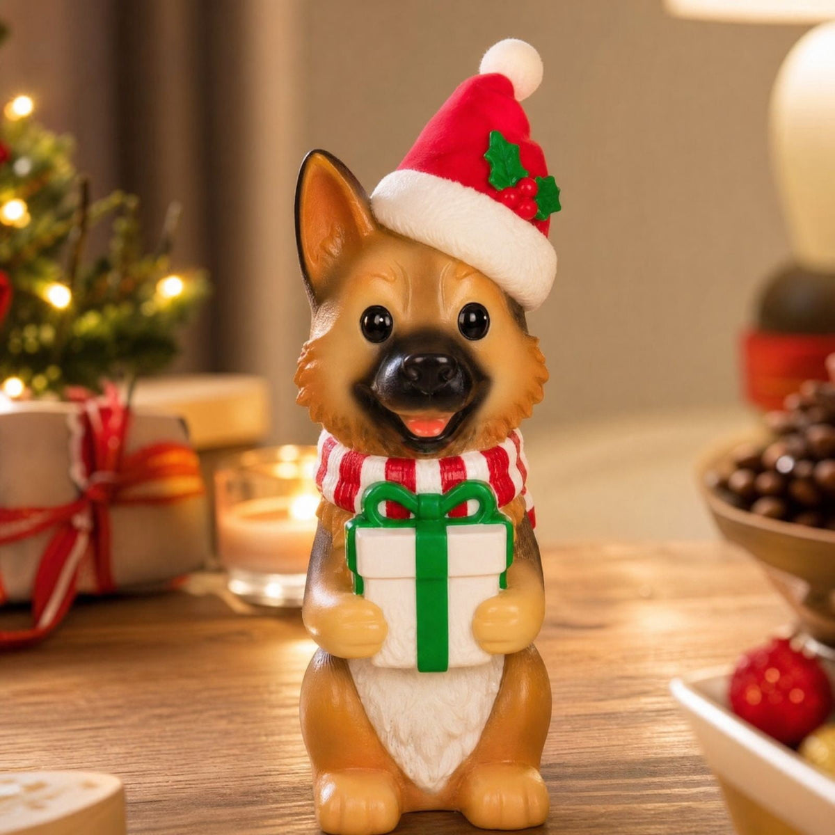 Luckky Lighted Christmas Dog Resin Statue, Santa Hat and Scarf Dog Figurine, 7.87 Inch, Multi-Color LED Lights, Indoor Outdoor Holiday Decor