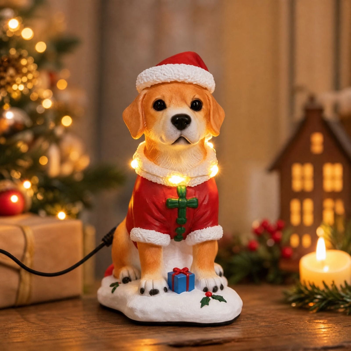 Luckky Lighted Christmas Dog Resin Statue, Santa Hat and Scarf Dog Figurine, 7.87 Inch, Multi-Color LED Lights, Indoor Outdoor Holiday Decor