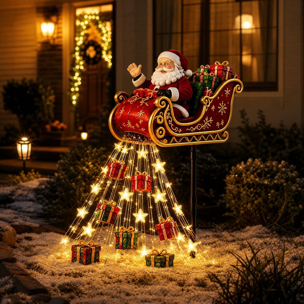 Luckky Santa’s Flying Sleigh Gift Cascade Solar Christmas Garden Light,Warm Golden Cascading LED Lights with Falling Gifts & Star,Solar Powered Outdoor Holiday Decor for Lawn,Pathway & Yard