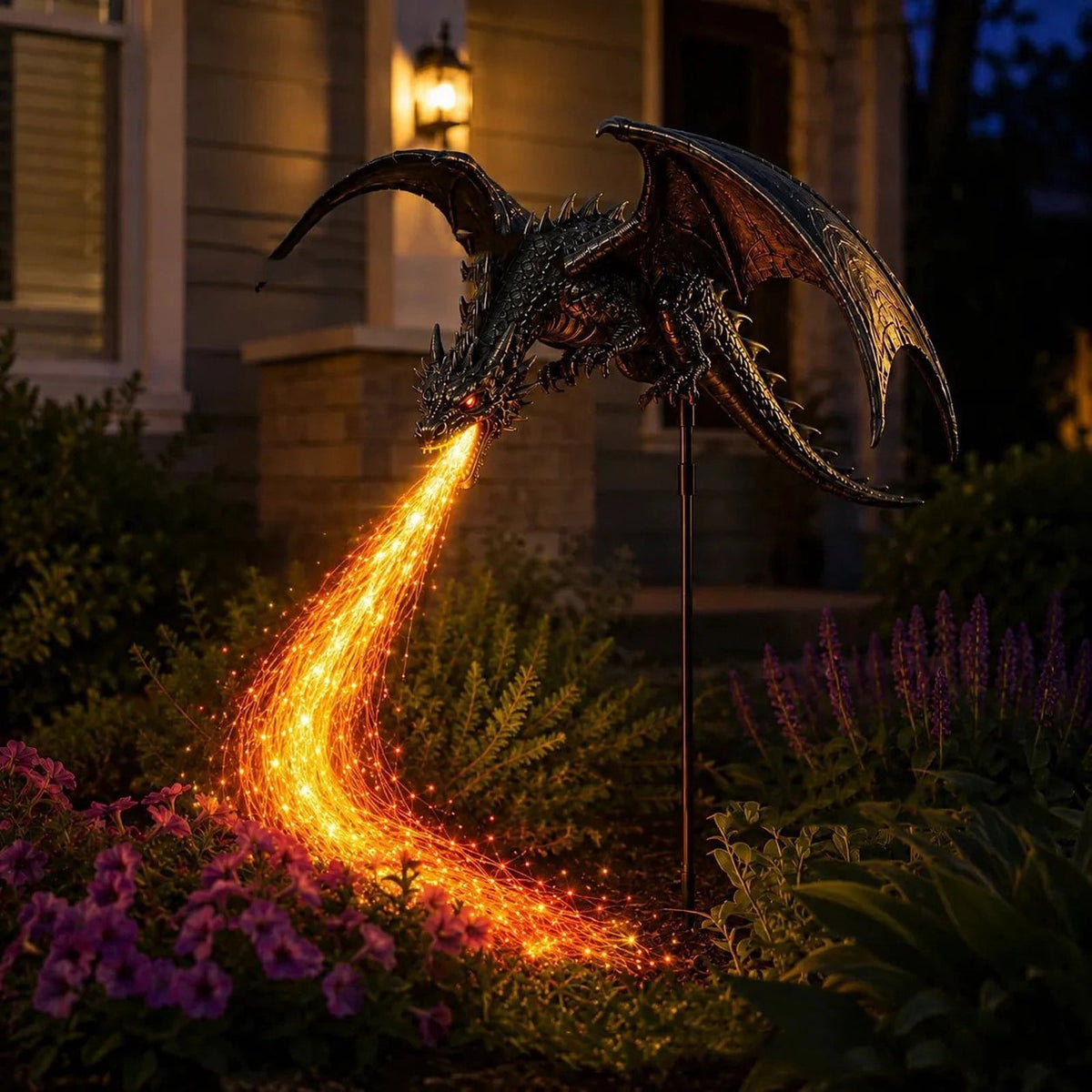 Solar Dragon Fire Garden Light,Gothic Solar‑Powered Dragon Figurine with Breathing Flame Fiber‑Optic Lights,Waterproof Outdoor Yard Decor for Lawn,Pathway,Flower Bed,Patio