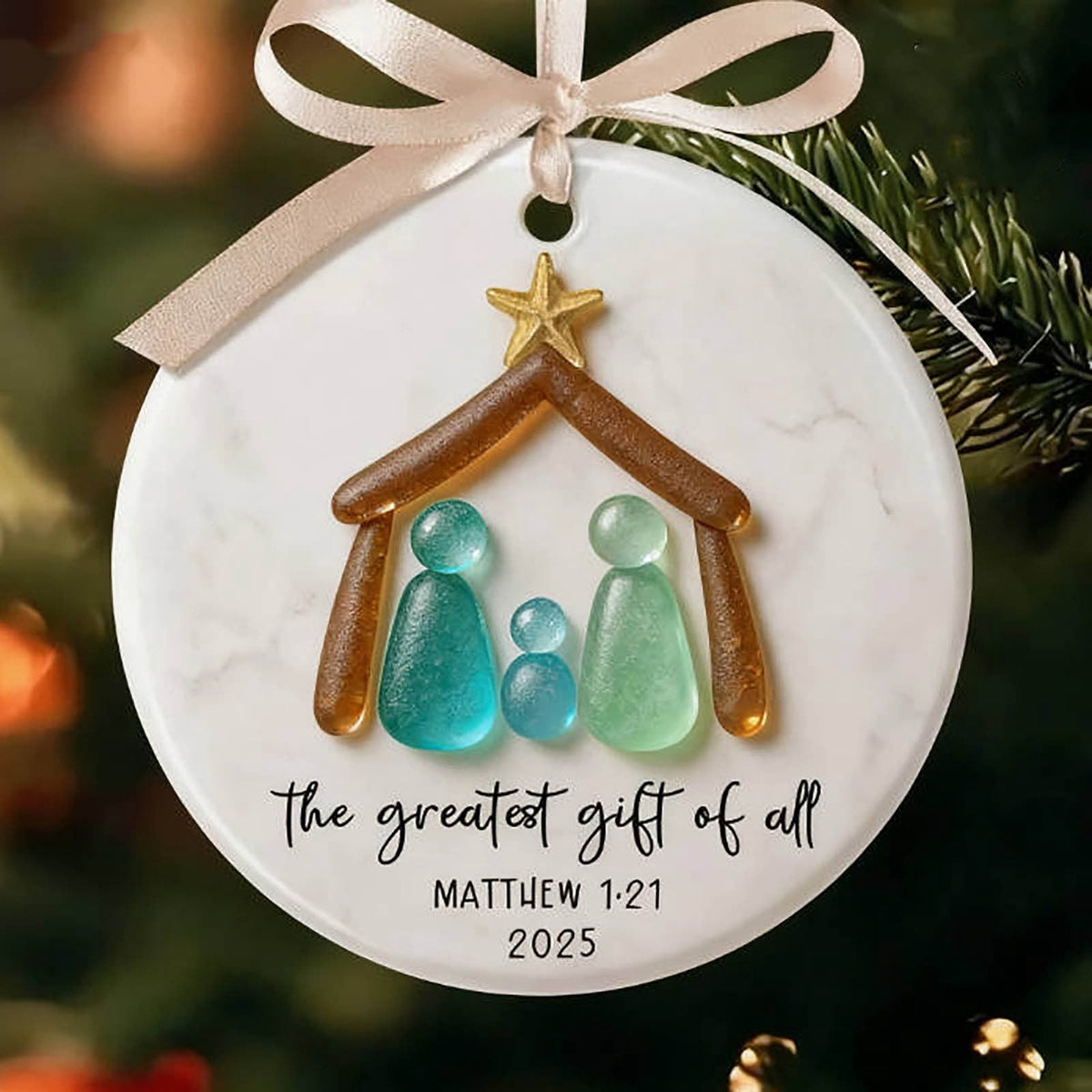 Lunxisen 1 Pcs Sea Glass Nativity: Jesus’ Birth Christmas Ornament,Coastal Inspired Sea Glass Nativity Ornament,Handmade Nativity Scene, with Shells and Starfish