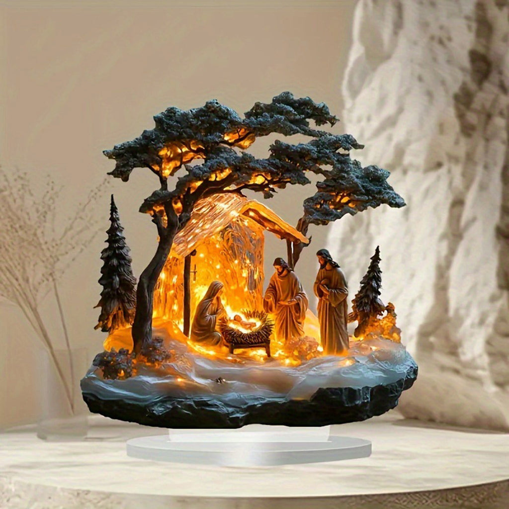 Lwlmwt Nativity Scene with LED Lights, Manger Decoration, Christmas Ornament with Stable, Indoor Tabletop Home Decor, Acrylic Statue Assembly