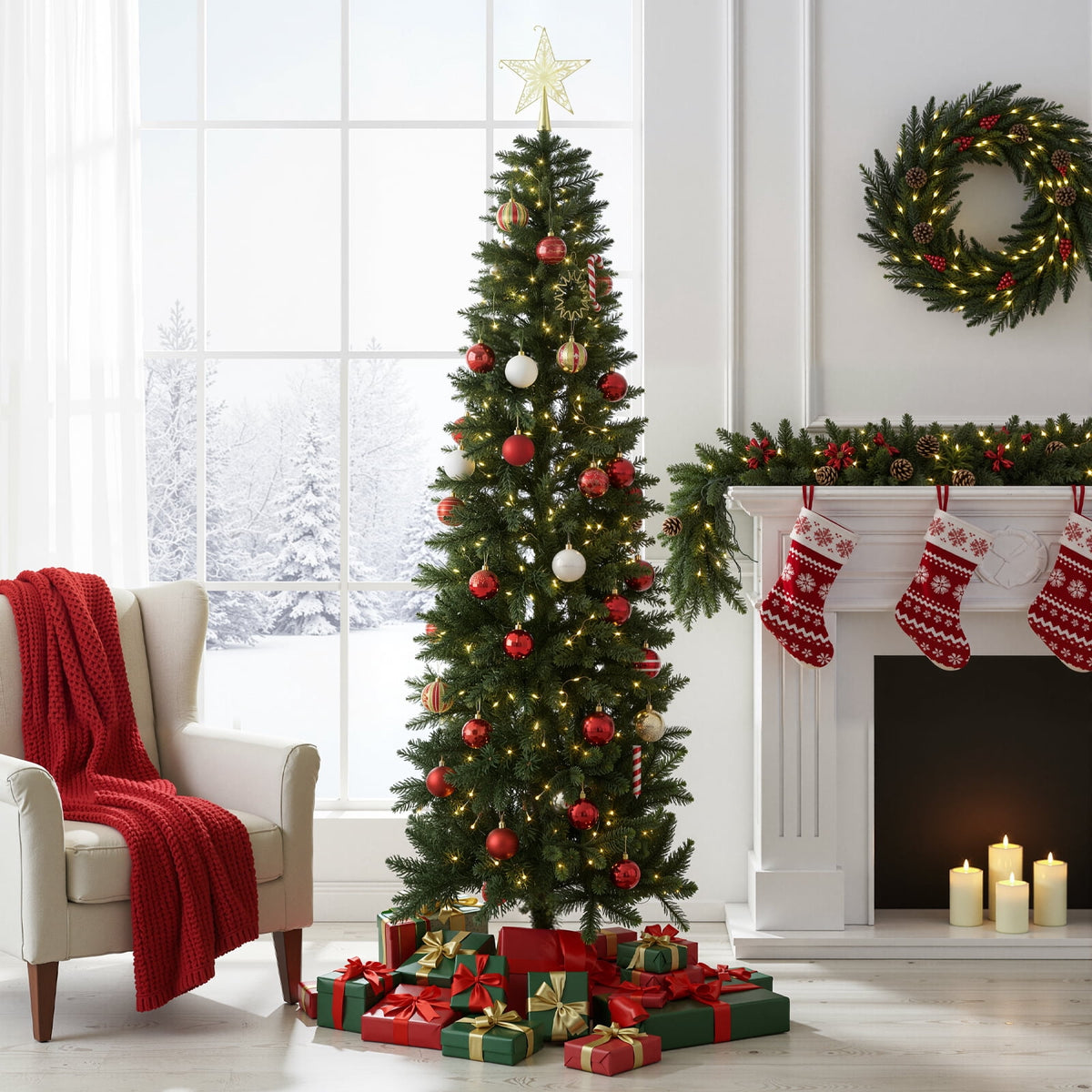 JIOABL 6-Foot Pre-Lit Fraser Fir Pencil Artificial Christmas Tree, Offering 8 Warm Light Modes, Green