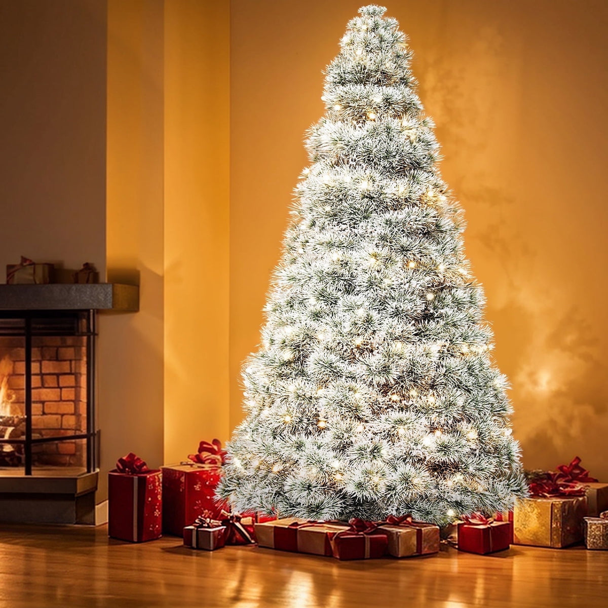 JIOABL 7.5ft Flocked Pre-lit Artificial Christmas Tree with Warm White Incandescent Lights, Home, Office, and Party Decor