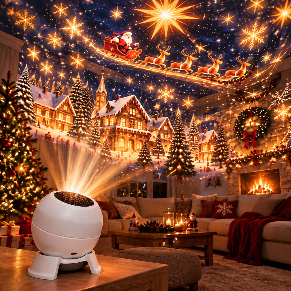 Magical Christmas Projection Night Light, USB Powered Holiday Projector with Festive Wall and Ceiling Effects for Bedroom, Living Room and Christmas Party Ambiance
