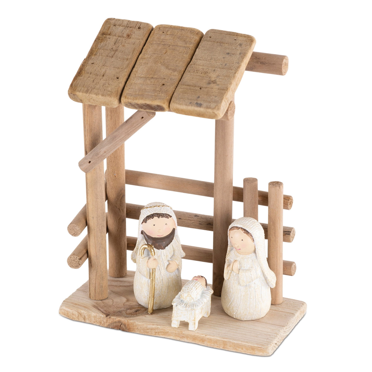 Melrose Holy Family with Creche, 9-inch Height, Wood and Resin