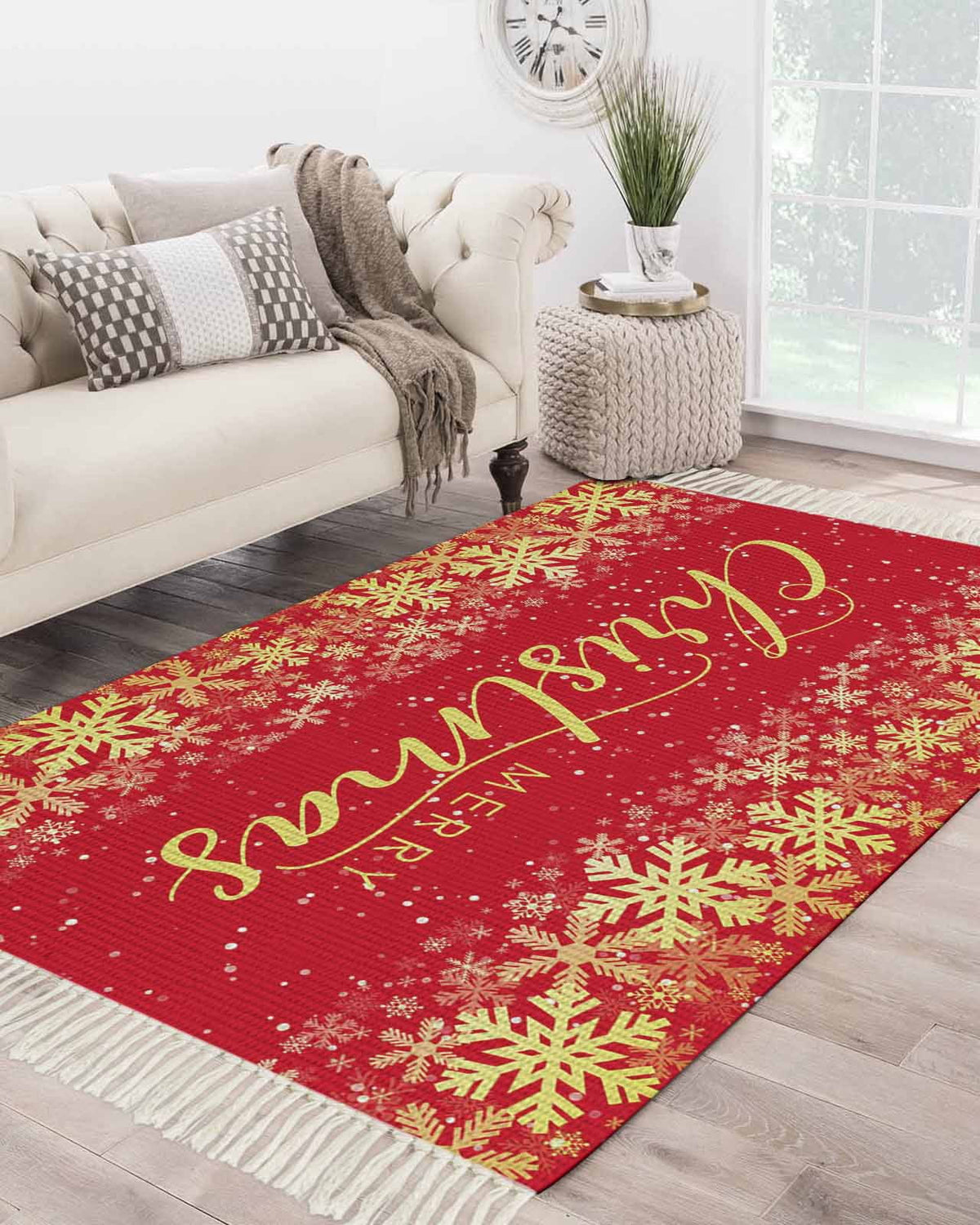Merry Christmas Area Rug 3x5ft Woven Runner Rug,Winter Snowflake Xmas Aesthetic Red Washable Living Room Hallway Bedroom Kitchen Carpet with Tassels,Indoor Outdoor Throw Door Mat for Entryway