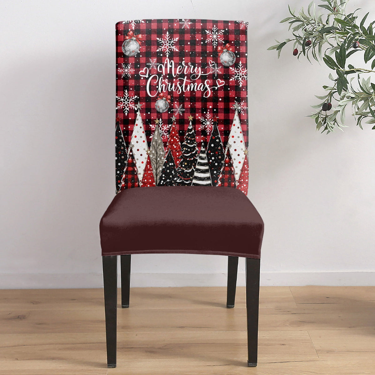 Merry Christmas Dining Chair Covers Set of 8, Winter Farmhouse Pine Tree Snowflake Red Plaid Chair Covers for Dining Room Removable Seat Protectors Slipcovers for Home Party Wedding Banquet