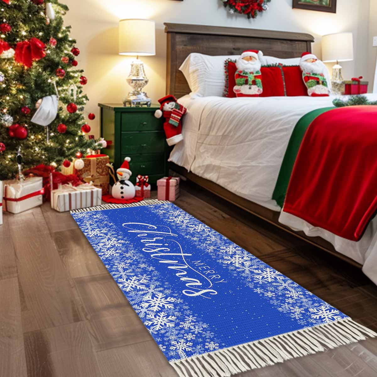 Merry Christmas Area Rug 3x5ft Woven Runner Rug,Winter Snowflake Xmas Aesthetic Red Washable Living Room Hallway Bedroom Kitchen Carpet with Tassels,Indoor Outdoor Throw Door Mat for Entryway