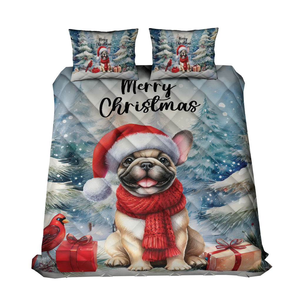 Merry Christmas French Bulldog Enjoys Woofmas Winter Xmas Holiday Quilt Bedding Set Dog Lover Gifts 1 Blanket Bed Cover 2 Pillowcases - 02022