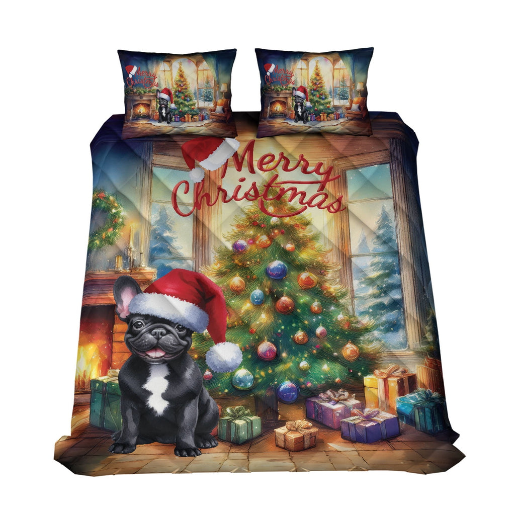 Merry Christmas French Bulldog Santa Hat Xmas Tree Winter Holiday Quilt Bedding Set Dog Lover Gifts 1 Blanket Bed Cover 2 Pillowcases - 01013