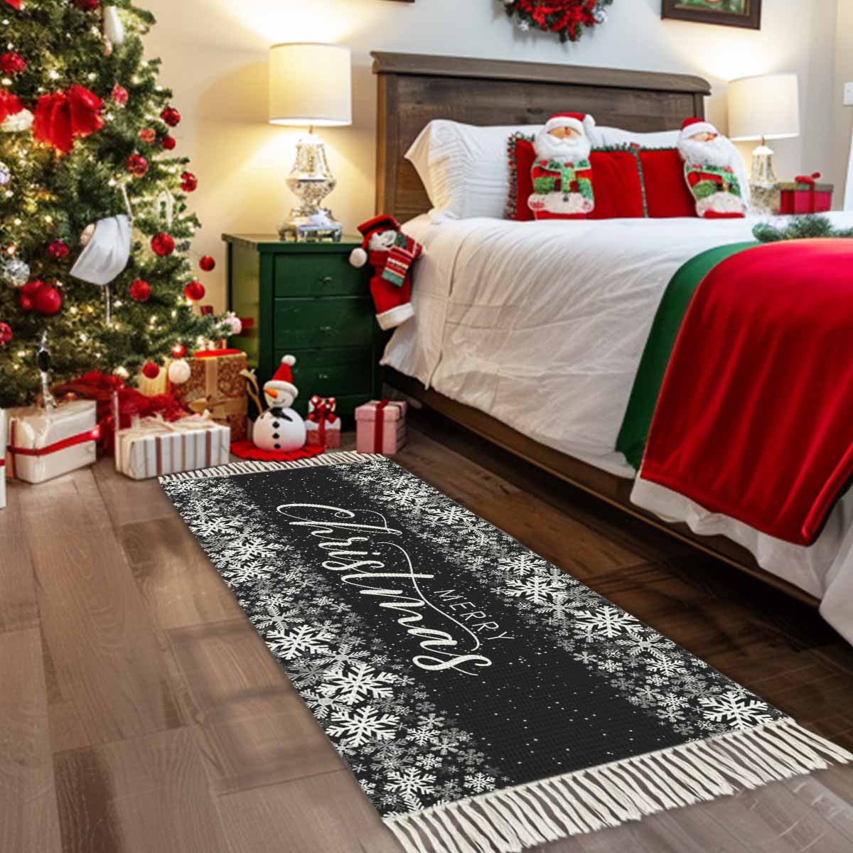 Merry Christmas Area Rug 3x5ft Woven Runner Rug,Winter Snowflake Xmas Aesthetic Red Washable Living Room Hallway Bedroom Kitchen Carpet with Tassels,Indoor Outdoor Throw Door Mat for Entryway