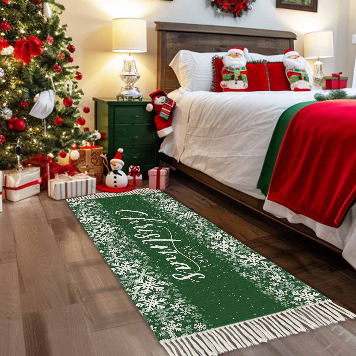 Merry Christmas Area Rug 3x5ft Woven Runner Rug,Winter Snowflake Xmas Aesthetic Red Washable Living Room Hallway Bedroom Kitchen Carpet with Tassels,Indoor Outdoor Throw Door Mat for Entryway