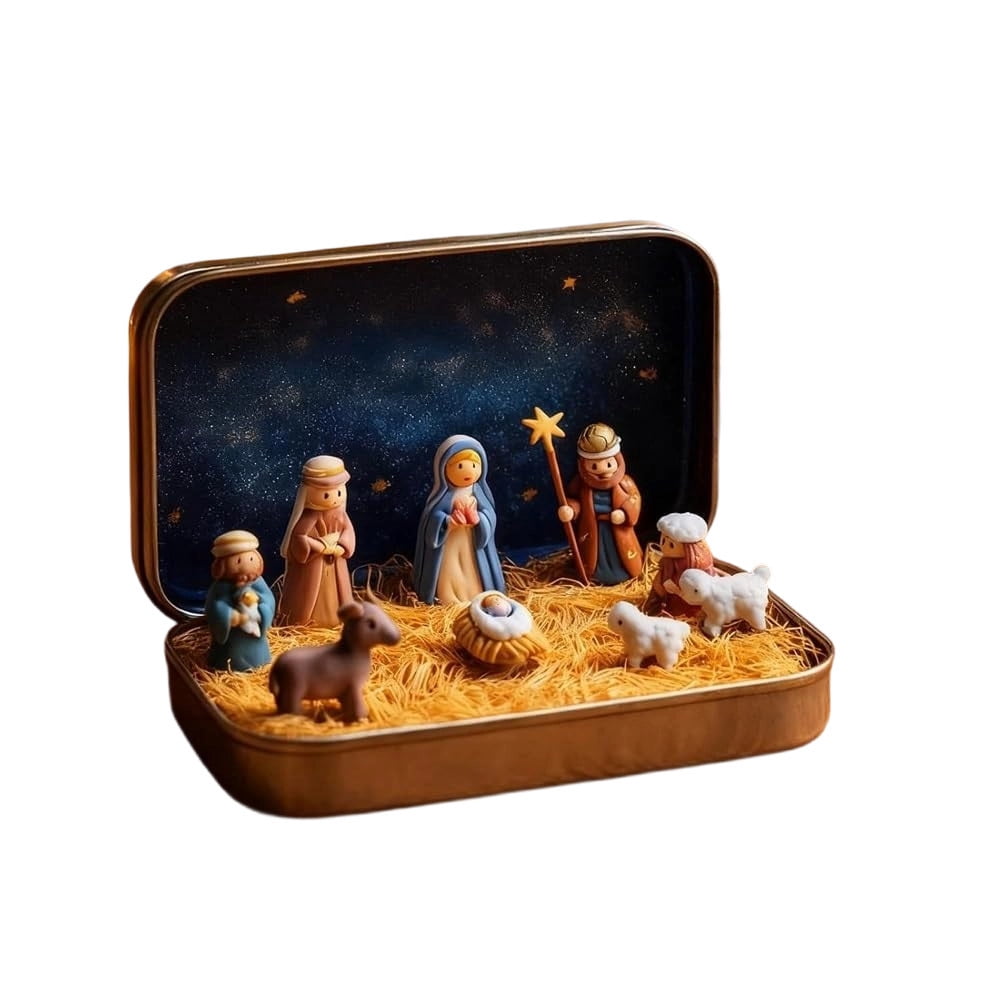 Mini Christmas Nativity Scene Set in a Tin Box Pocket Size Religious Catholic Jesus Holiday Desktop Ornament Decor Keepsake Stocking Stuffer Gifts