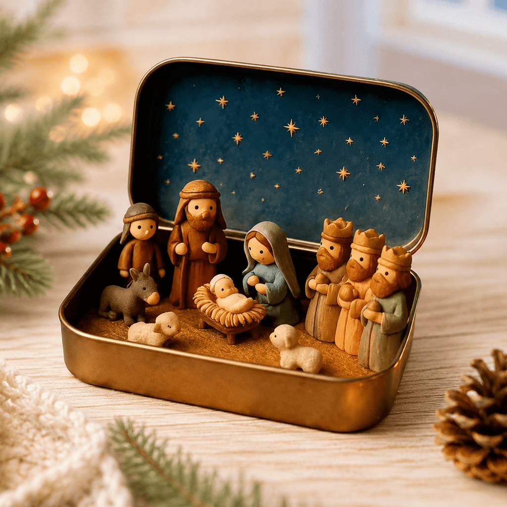 Christmas Nativity Scene in a Tin Mini Manger Scene Portable Tin Box Tabletop Decor for Mantel Shelf Fireplace Desk Holiday Decoration