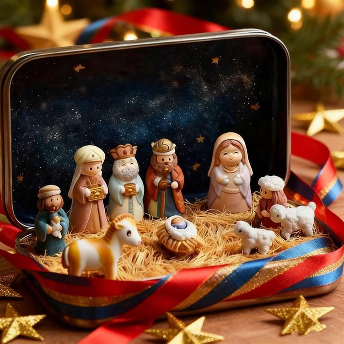 Mini Christmas Nativity Set in a Tin Box, Portable Pocket Birth of Jesus Ornament, Holy Family Sheep and Jesus Figurines, Christmas Interior Decoration for Home Desk, Shelf, Office Decor (3 Set)