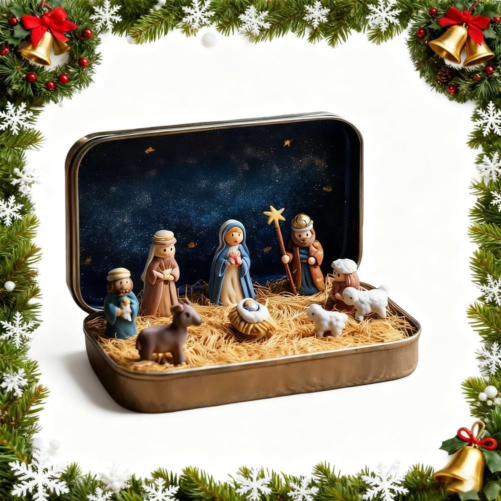 Mini Christmas Nativity Set in a Tin Box,Nativity Sets & Figures,Handcrafted Pocket Bethlehem Scene,Portable Holy Family Display, Small Religious Ornament, for Desk, Shelf,Office
