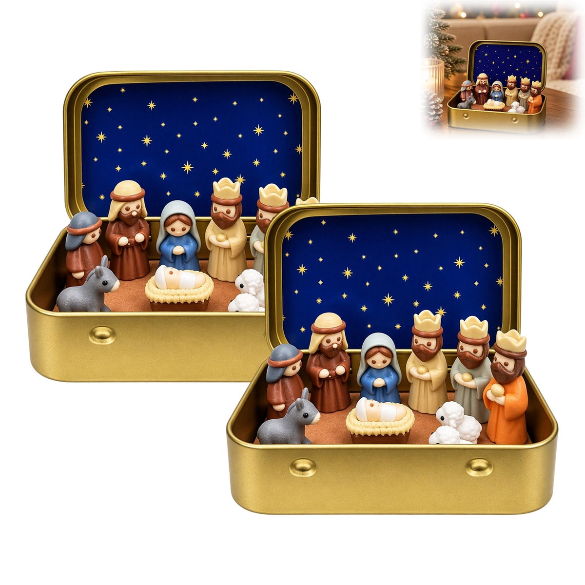 Mini Christmas Nativity Set in a Tin Box – Pocket Size Religious Scene with Handcrafted Resin Figures, Portable Display Case for Desk & Shelf