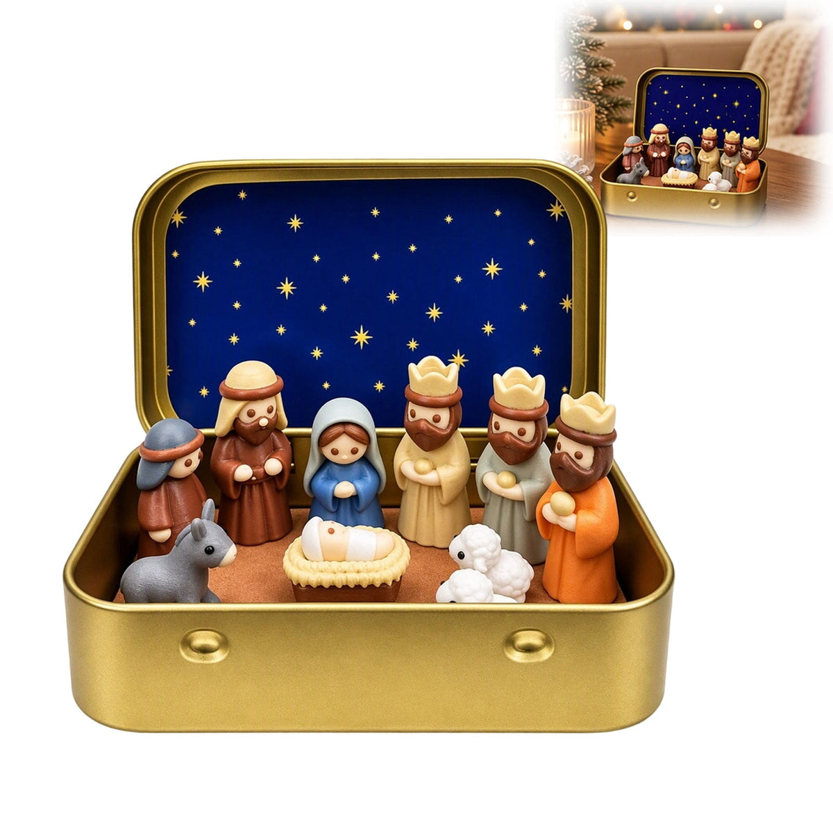 Mini Christmas Nativity Set in a Tin Box – Pocket Size Religious Scene with Handcrafted Resin Figures, Portable Display Case for Desk & Shelf