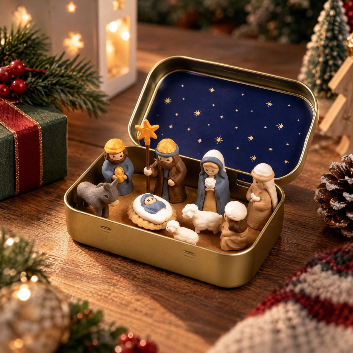 Mini Nativity in a Tin Box - 4.53" Nativity Scene Set with Holy Family Figurines, Portable Pocket Size Religious Christmas Decor Gift for Family, Gift Ideas