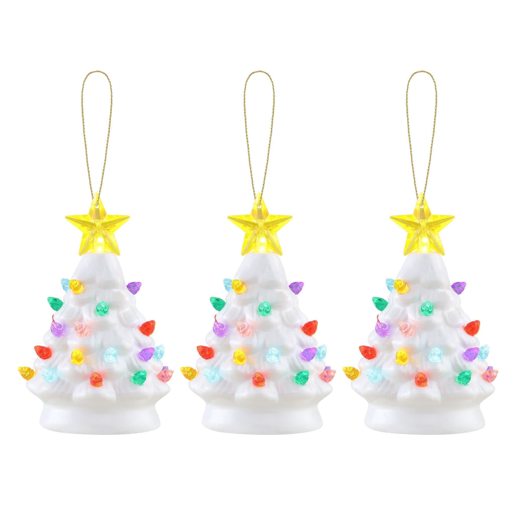 Mr. Christmas 5.25-Inch Nostalgic Tabletop Christmas Trees, Set of 3, White, LED Lights