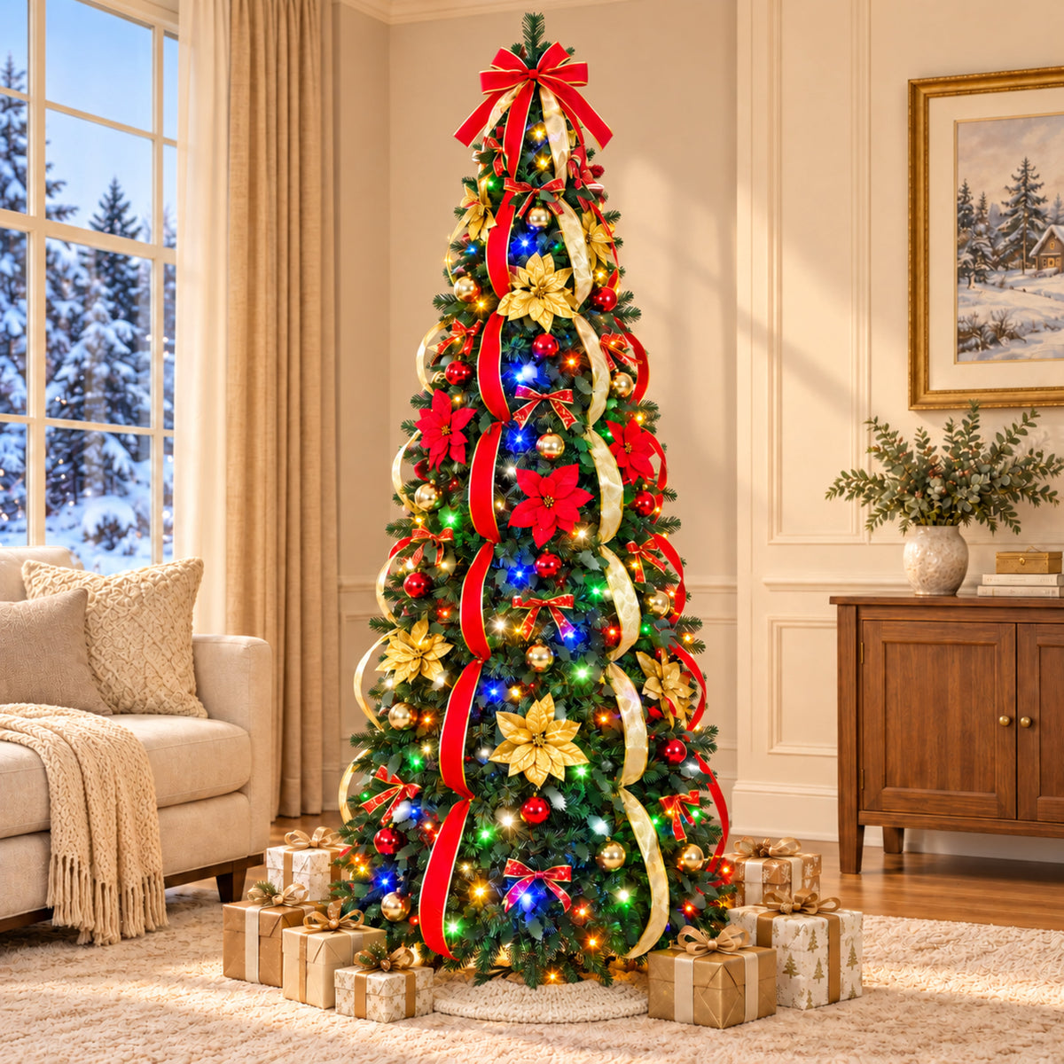 NAPWANT 6ft Pre-Lit Pop-Up Christmas Tree with 200 LED Lights, Pre-Decorated Artificial Xmas Tree with Ornaments, Easy Setup & Foldable Storage