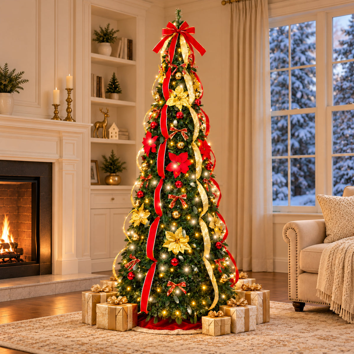 NAPWANT 6ft Pre-Lit Pop-Up Christmas Tree with 200 LED Lights, Pre-Decorated Artificial Xmas Tree with Ornaments, Easy Setup & Foldable Storage