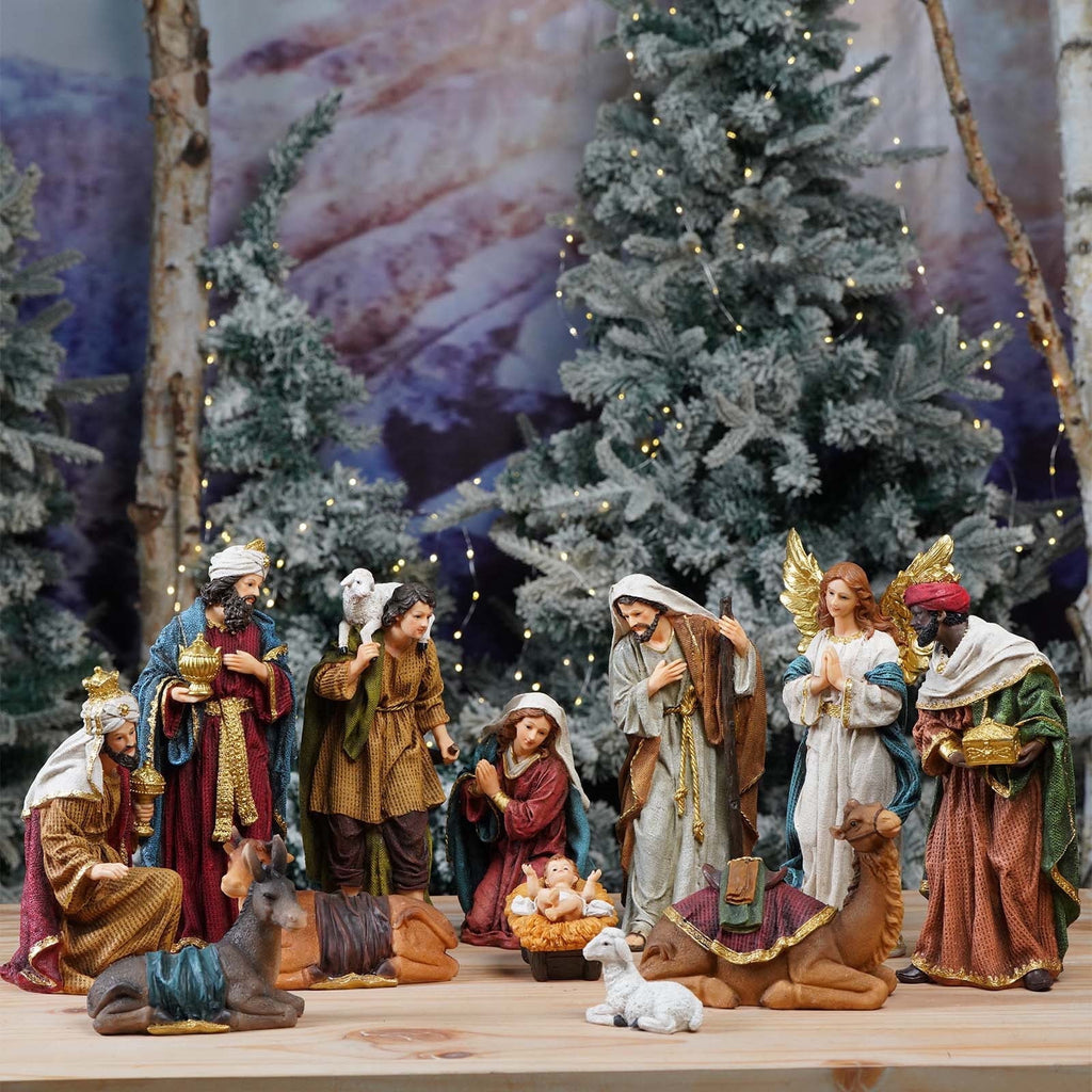 Nativity Set Christmas Indoor 12 inch 12 Pcs Scene Statue Figurines Jesus Manger Crib Gift Catholic Religious Decor