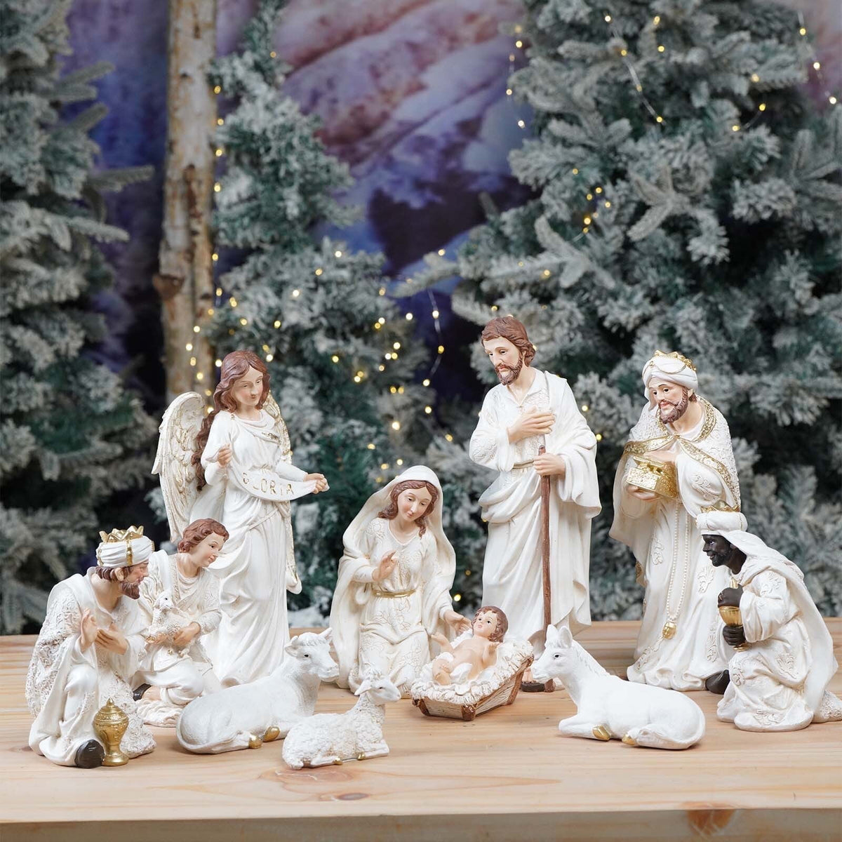 Nativity Set Christmas Indoor 8.25 inch 11 Pcs Scene Statue Figurines Jesus Manger Crib Gift Catholic Religious Decor