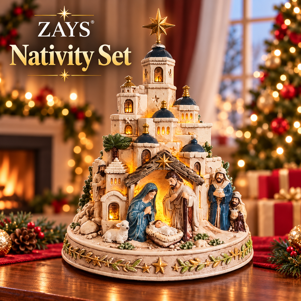 Nativity Set, Star of Bethlehem Lighted Nativity Scene with Church Tower, Manger Figures, Lighted Christmas Church Tabletop Decor