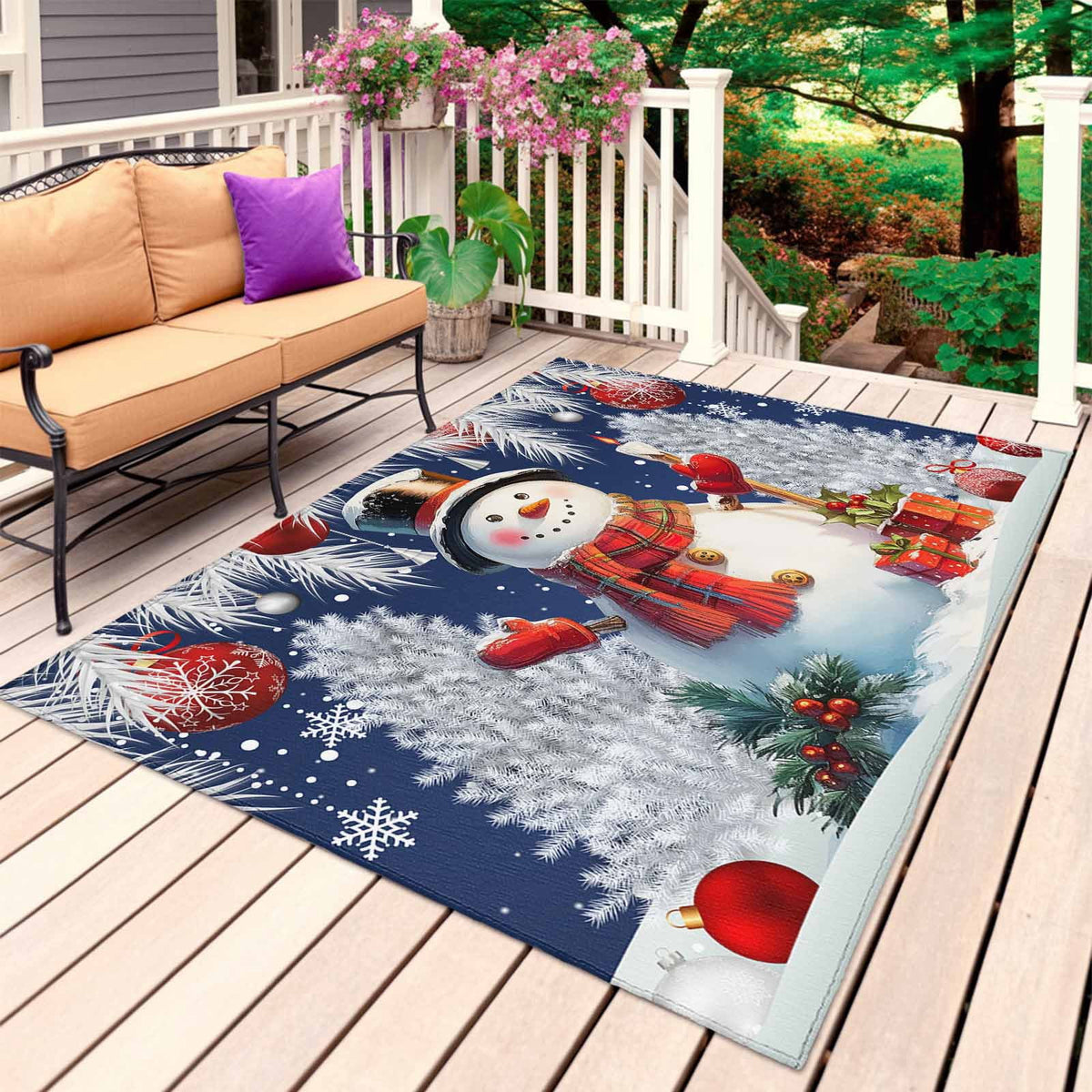 Grey Snowman Christmas Outdoor Rug for Patio/Deck/Porch, Non-Slip Large Area Rug 4 x 6 Ft, Xmas Tree Red Balls Snowflake Indoor Outdoor Rugs Washable Area Rugs, Reversible Camping Rug Carpet Runner