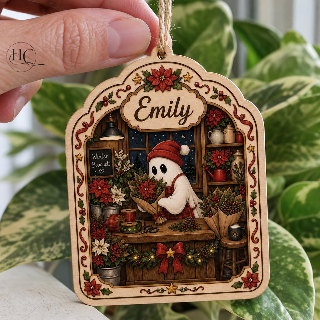 Ornament Ghost Christmas Flower Shop Wood Hanging Keepsake Personalized Holiday Gift