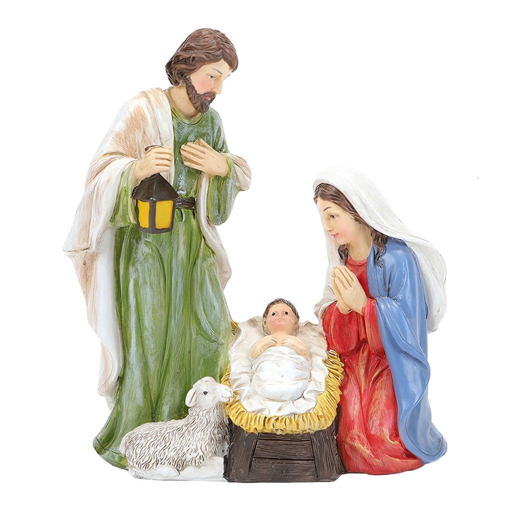 Osdhezcn Friendly Resin Nativity Set LED Light Holy Family Three Persons Christmas Decoration for Indoor Festival Ambiances