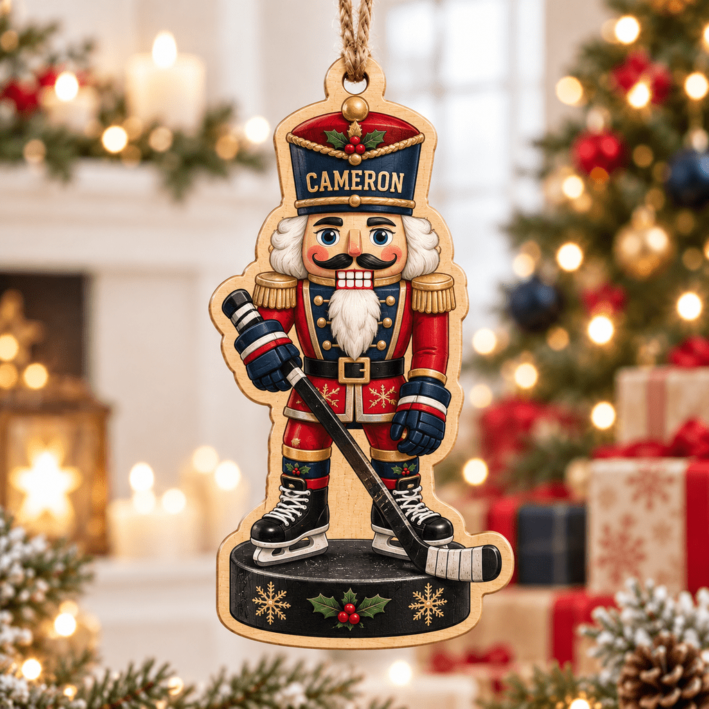 Personalized Hockey Nutcracker Player Wooden Christmas Ornament