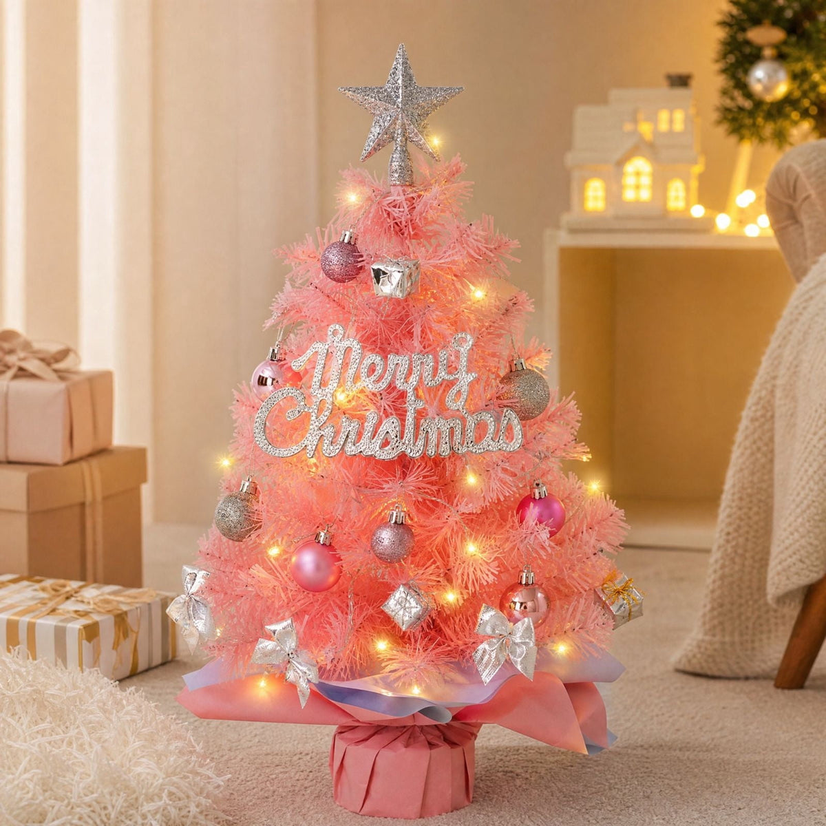 DIY Beaded Christmas Tree Kit - Handmade Mini Tabletop Xmas Tree with Santa Topper, Built-In Warm Lights, Holiday Decor Craft Gift for Adults