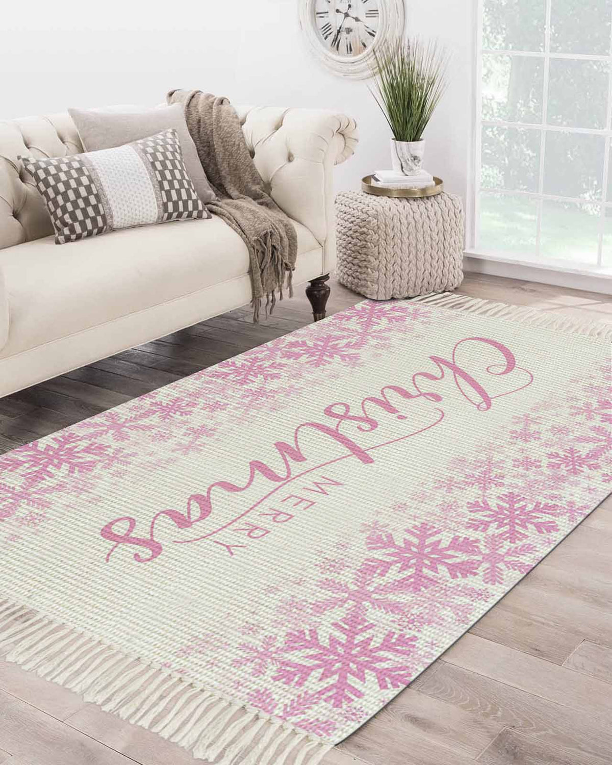 Merry Christmas Area Rug 3x5ft Woven Runner Rug,Winter Snowflake Xmas Aesthetic Red Washable Living Room Hallway Bedroom Kitchen Carpet with Tassels,Indoor Outdoor Throw Door Mat for Entryway